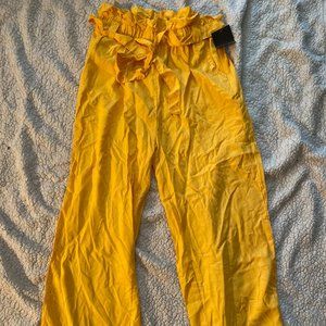 yellow flare pants with belt and pockets